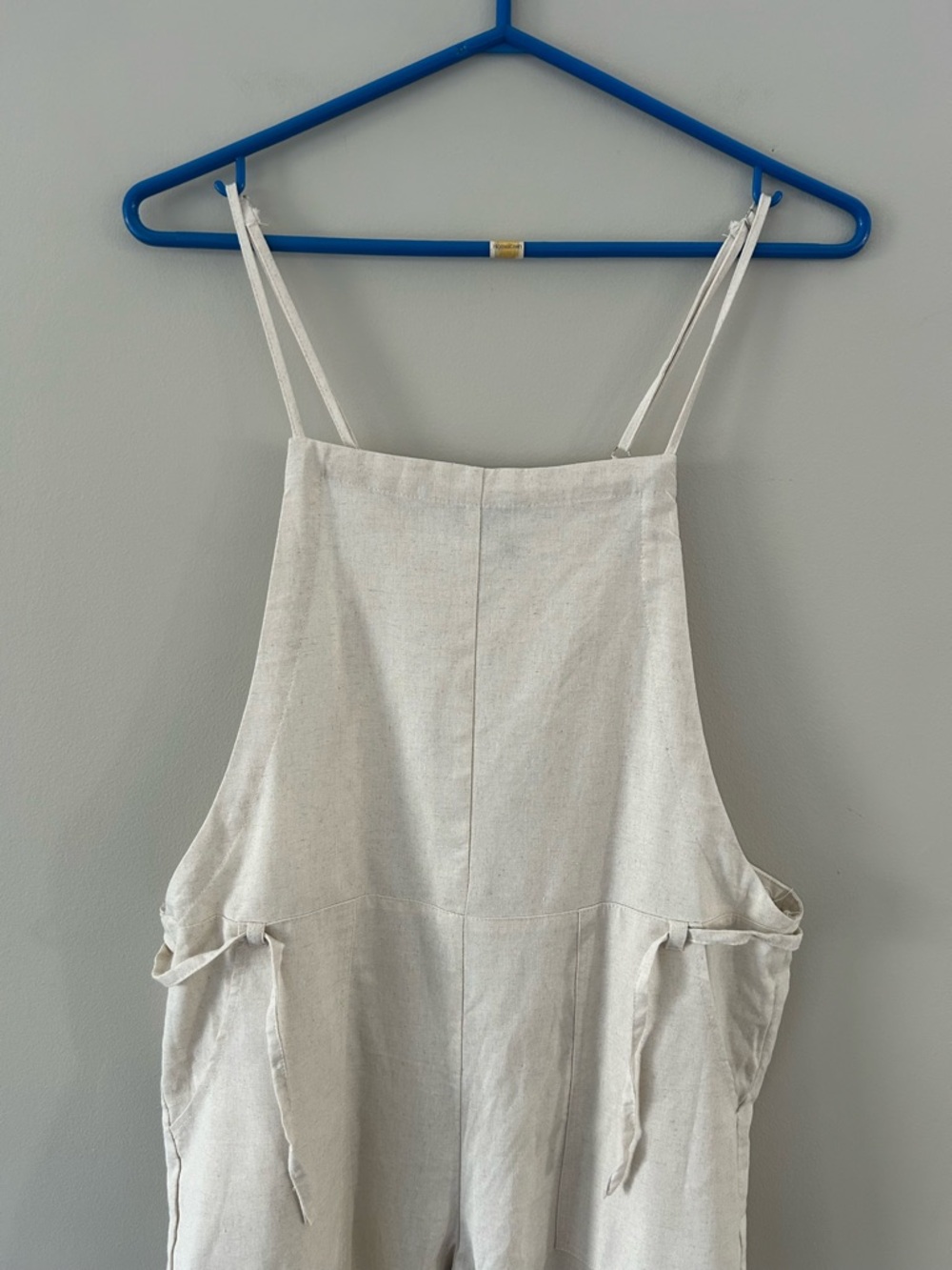 NWT &Merci Minimalist Beige Linen Square Neck Utility Tie Front Overall Jumpsuit - Picture 2 of 6